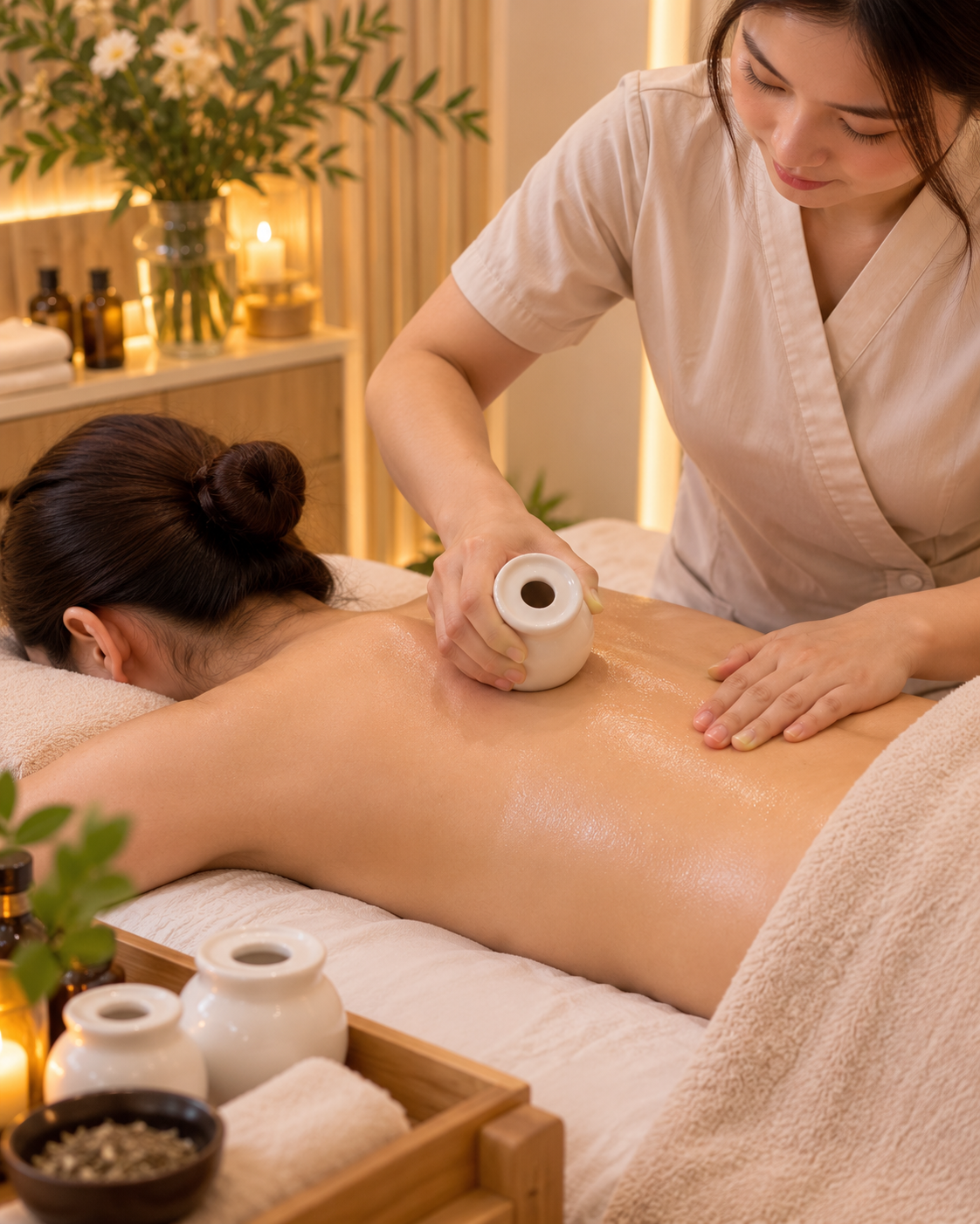 Moxibustion cupping treatment using a white cup moved across the back